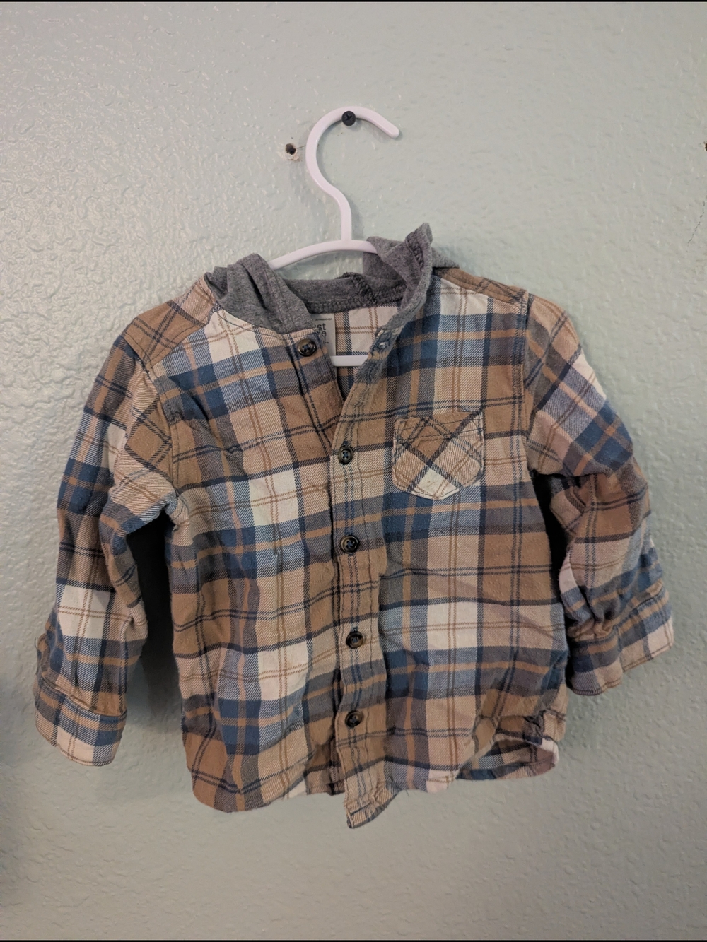 Toddler Hooded Plaid Button-Up Jacket in Brown and Blue